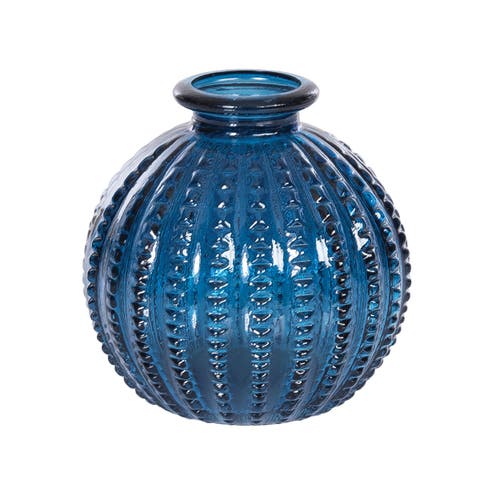 Mini Blue Decorative Round Ribbed Glass Vase