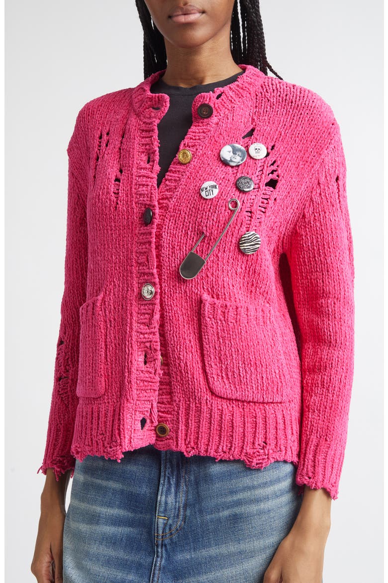 Button Detail Ripped Cotton Cardigan, Alternate, color, PINK