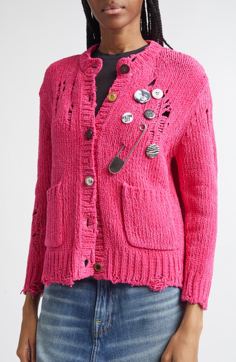 R13 Button Detail Ripped Cotton Cardigan, Alternate, color, Pink