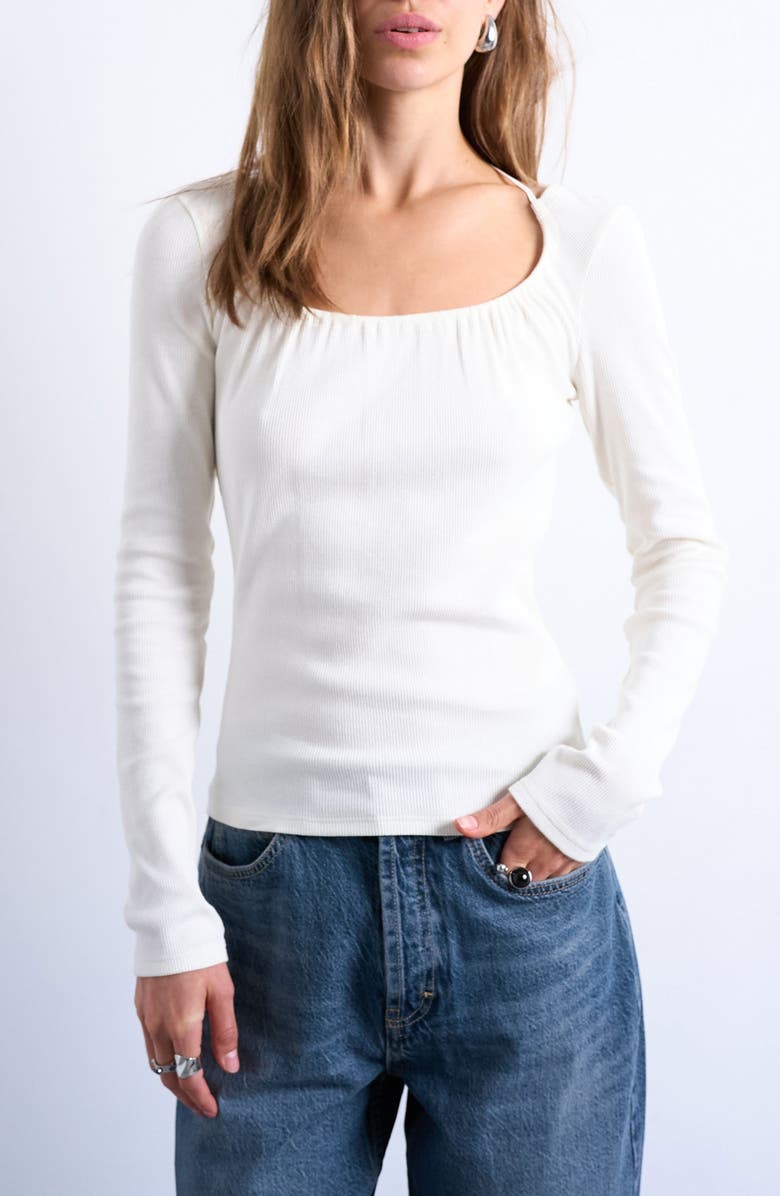 Topshop Scoop Neck Long Sleeve Rib Top, Main, color, Ivory
