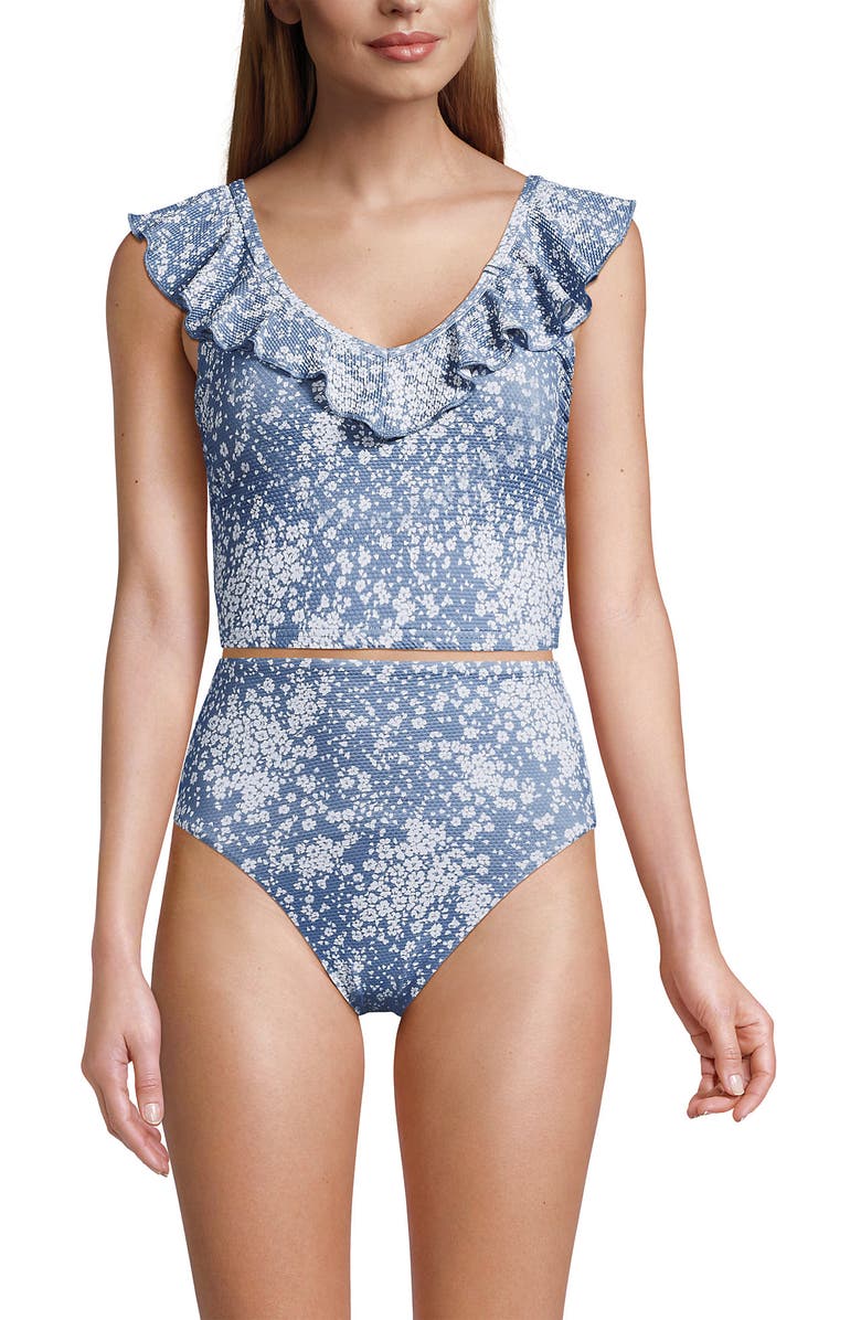 Lands' End Pique Ruffle Tankini Top and High Waisted Bottom Swimsuit Set, Main, color, Dusk Sky Meadow Ditsy Floral