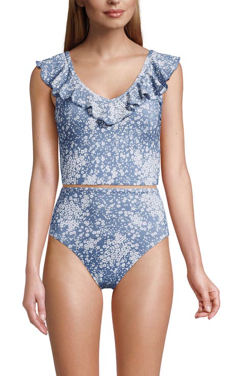 Pique Ruffle Tankini Top and High Waisted Bottom Swimsuit Set