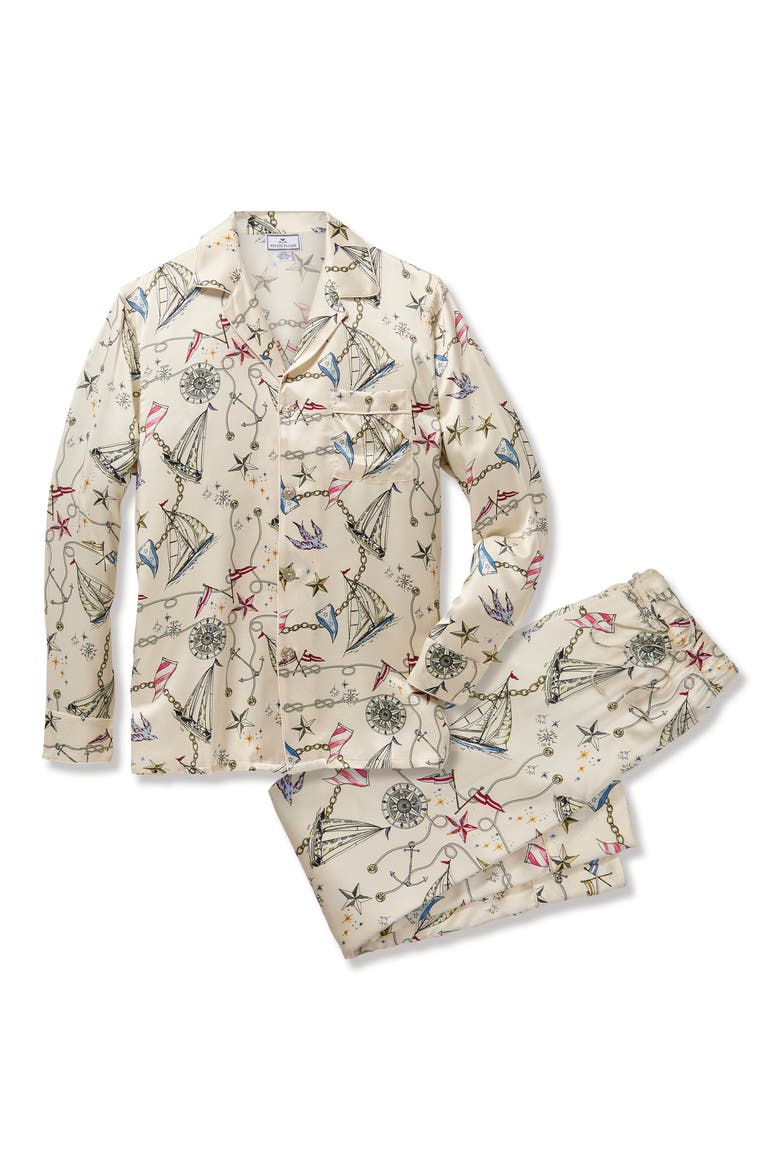 Regatta Print Mulberry Silk Pajamas, Alternate, color, BEIGE