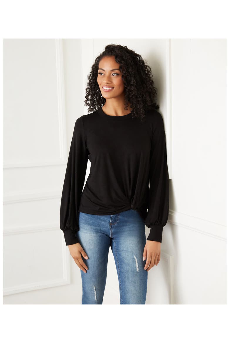 Twist Hem Long Sleeve Top, Alternate, color, BLACK