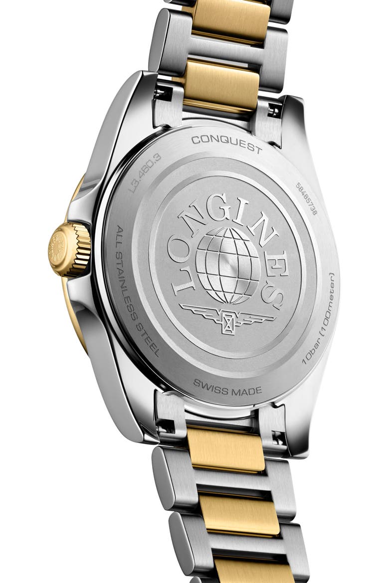 Conquest Two Tone Bracelet Watch, 34mm, Alternate, color, WHITE