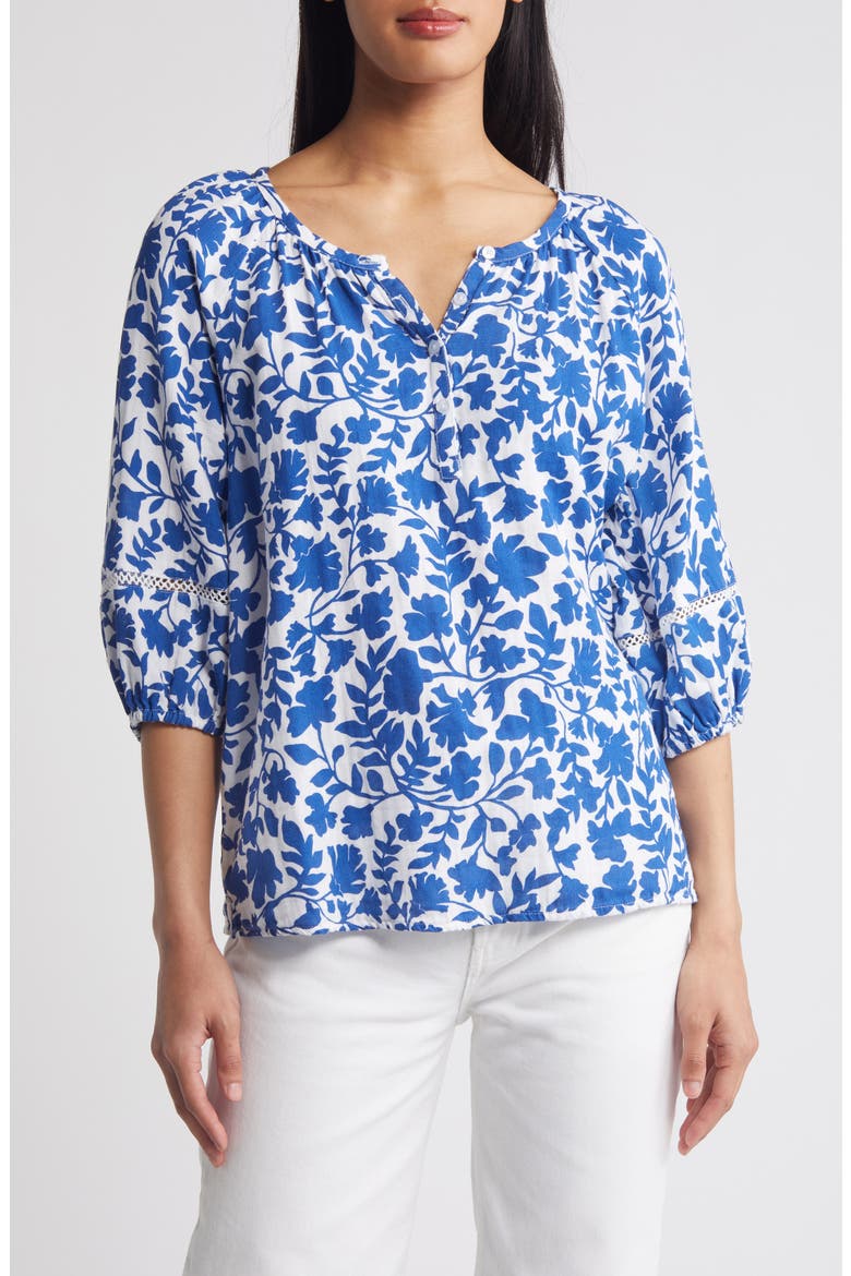 Cotton Gauze Top, Main, color, WHITE- BLUE KINDRED FLOWER