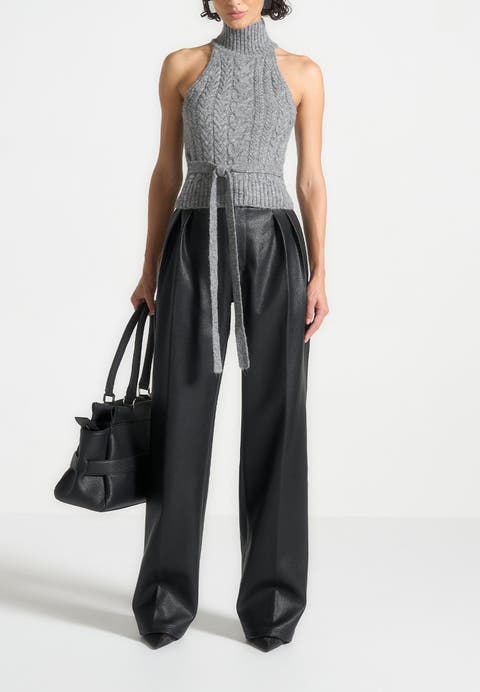 Olivia Pebbled Leather Pleated Stacked Trousers