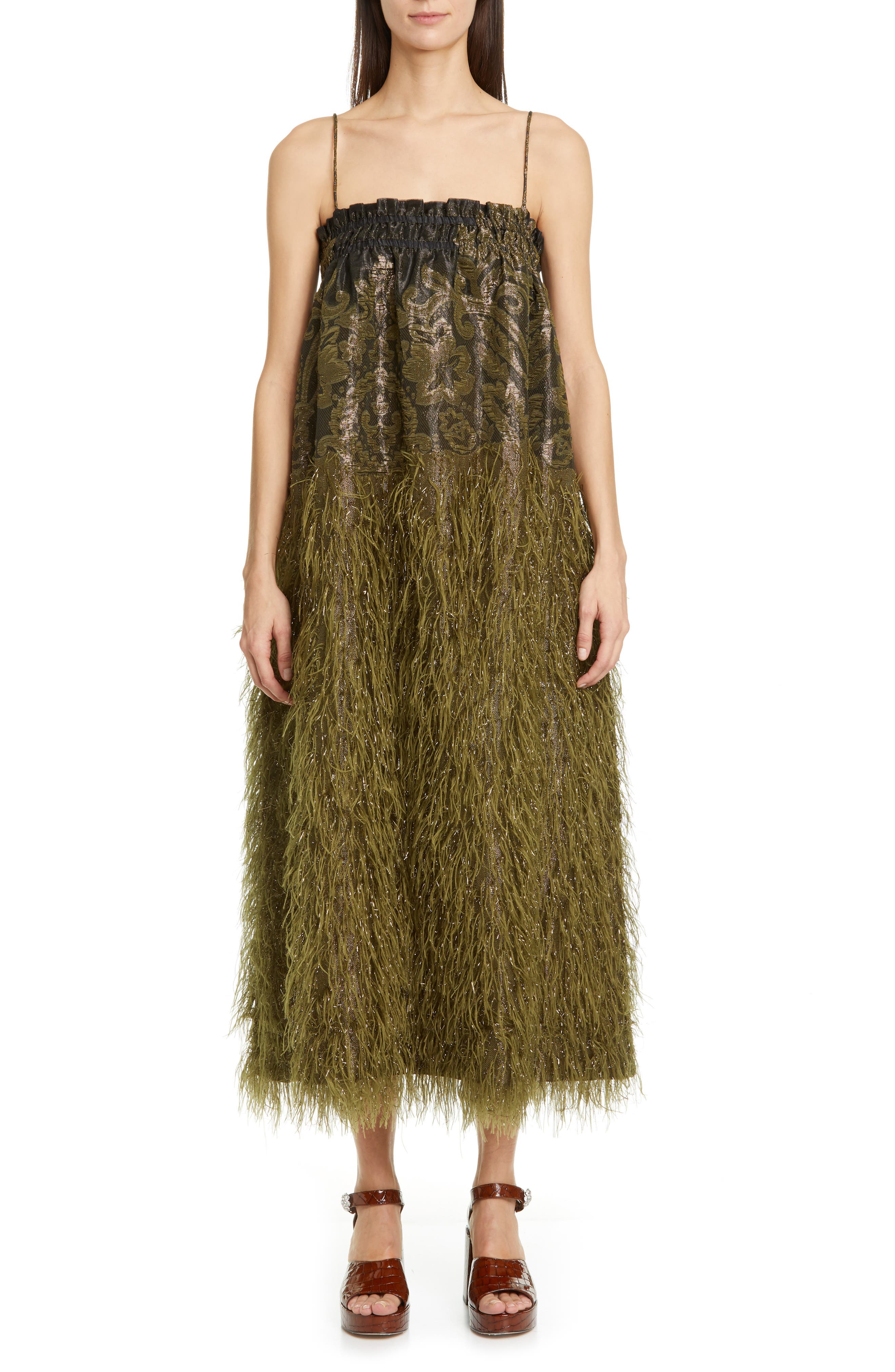 Ganni Feather Detail Metallic Jacquard Midi Dress (Women)
