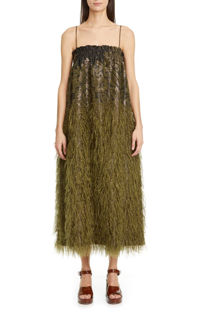 Ganni Feather Detail Metallic Jacquard Midi Dress | Nordstrom