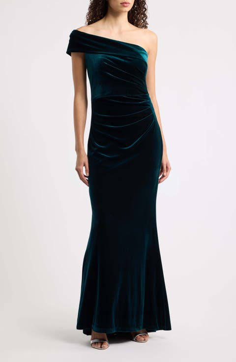 Ruched One-Shoulder Velvet Gown