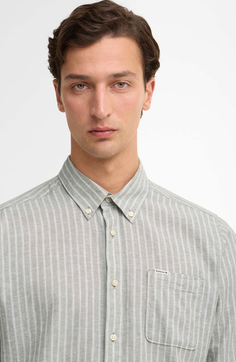 Barbour Nelson Tailored Fit Stripe Linen & Cotton Button-Down Shirt, Alternate, color, Bleached Olive