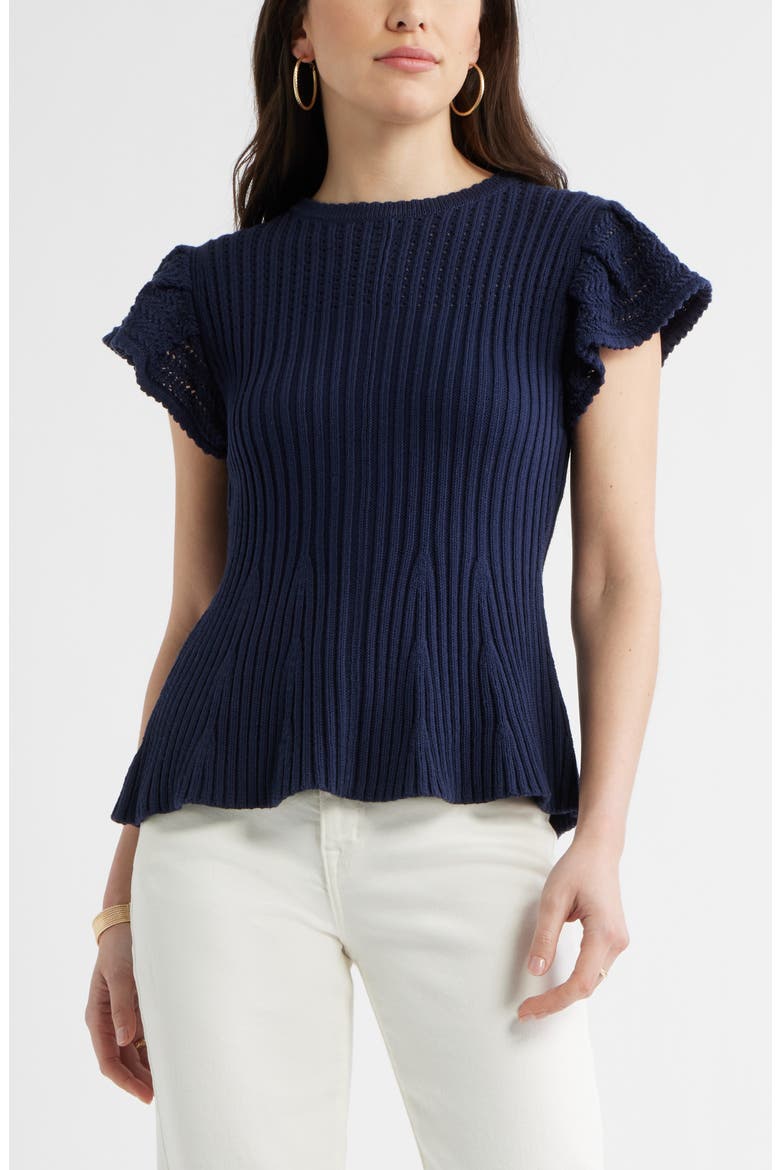 Flutter Sleeve Pima Cotton Sweater, Main, color, NAVY STILL