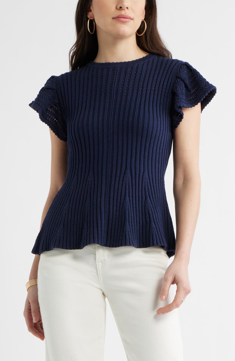 Caslon<sup>®</sup> Flutter Sleeve Pima Cotton Sweater, Main, color, Navy Still