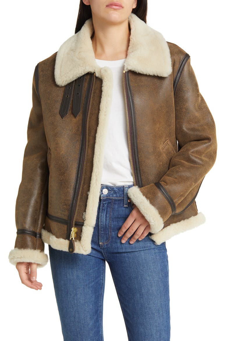 Genuine Shearling & Leather Bomber Jacket, Alternate, color, BROWN