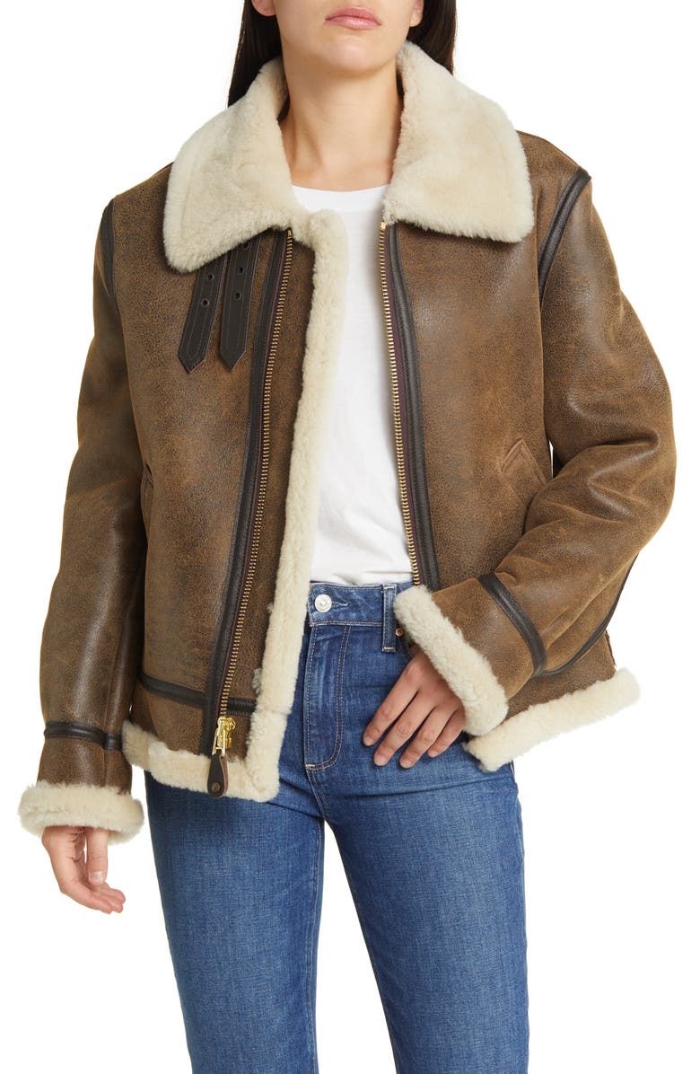 Schott NYC Genuine Shearling & Leather Bomber Jacket, Alternate, color, Brown