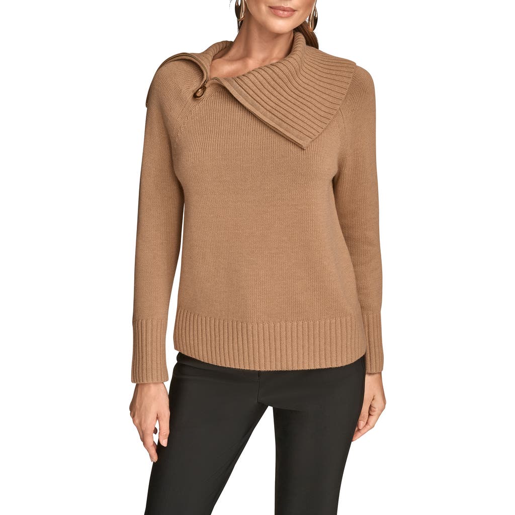 Donna Karan New York Asymmetric Zip Collar Sweater In Brown