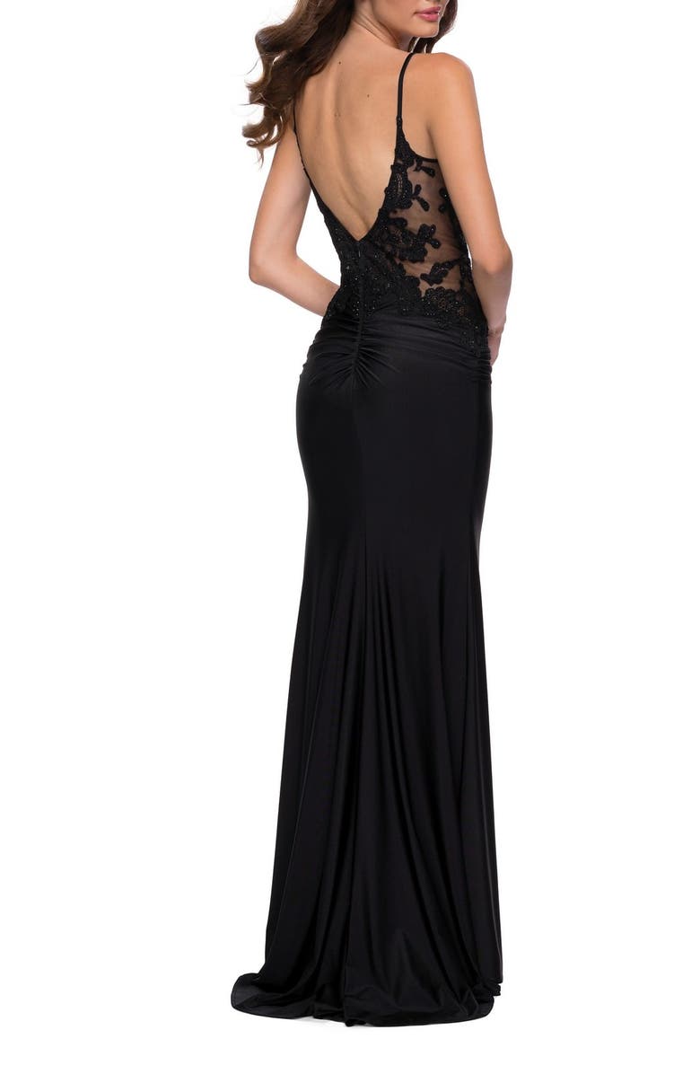 La Femme Jersey Gown with Sheer Lace Bodice and Ruching, Alternate, color, Black