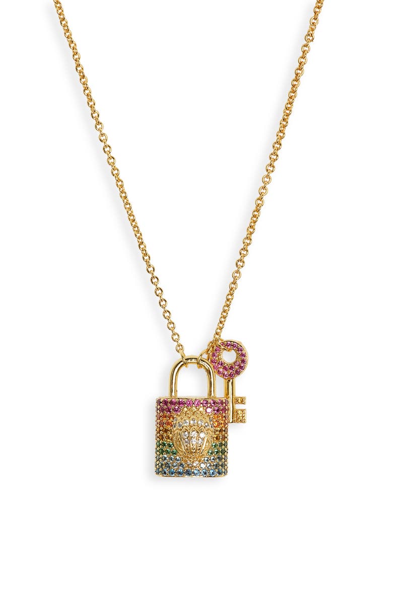 Rainbow Pavé Crystal Lock & Key Pendant Necklace, Main, color, RAINBOW