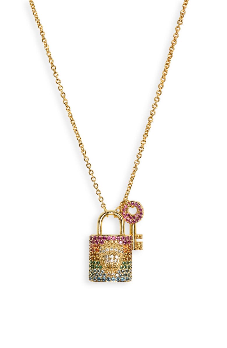 Kurt Geiger London Rainbow Pavé Crystal Lock & Key Pendant Necklace, Main, color, 
