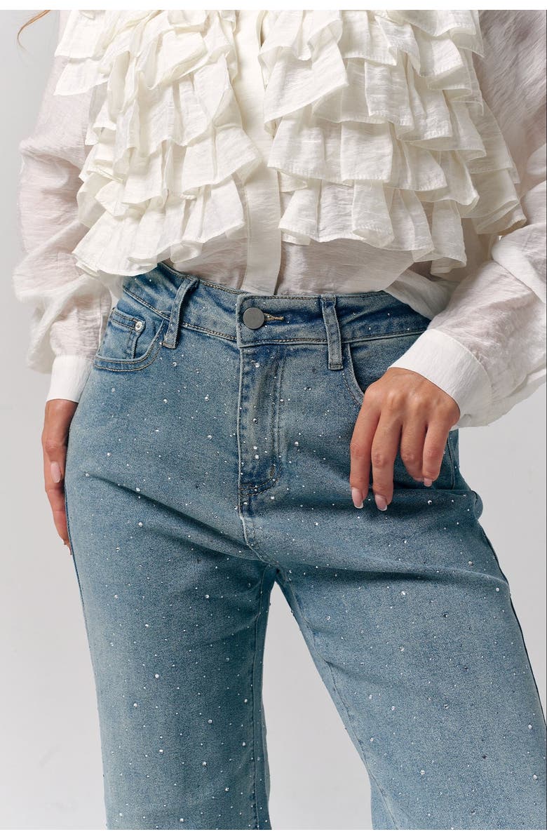 Le Fafo Rhinestone Straight Denim, Main, color, Light Blue