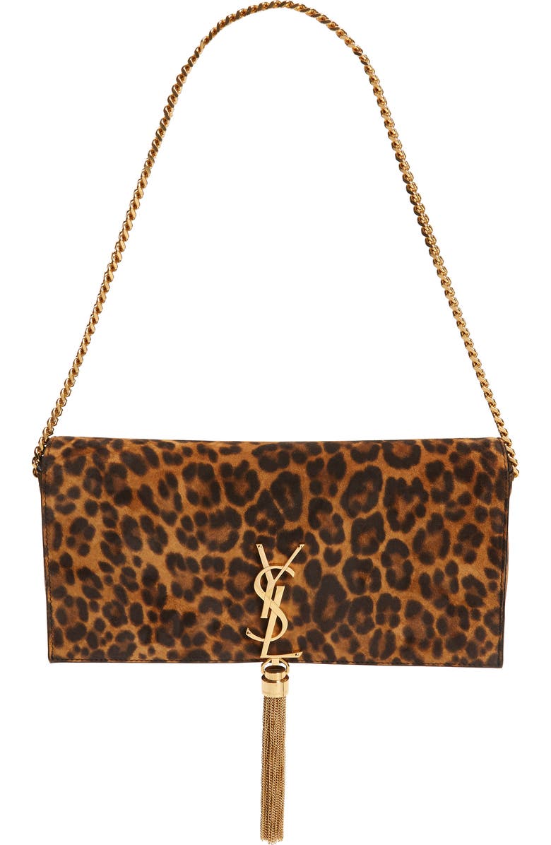 Saint Laurent Kate Leopard Print Calfskin Baguette Bag, Main, color,
