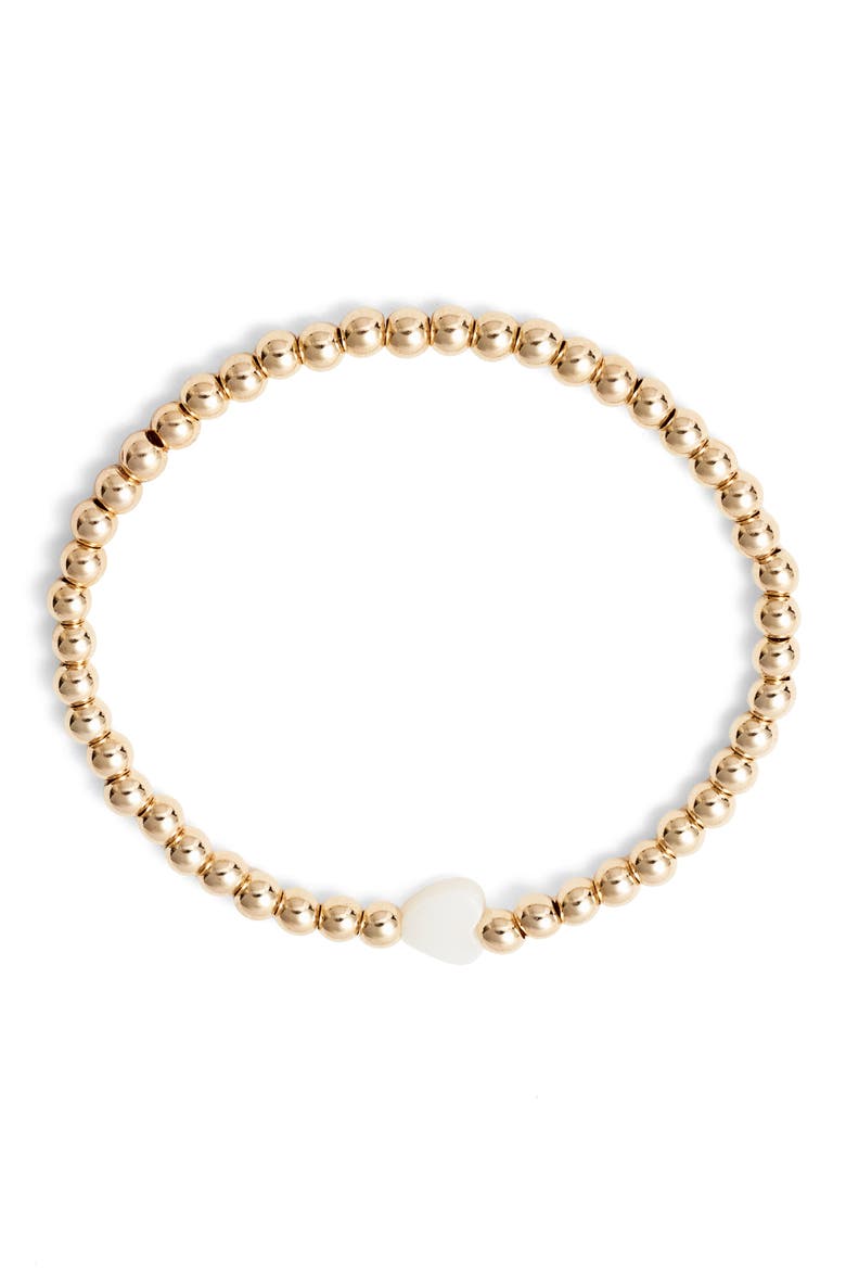 Mother-of-Pearl Heart Charm Beaded Stretch Bracelet, Main, color, GOLD FILL