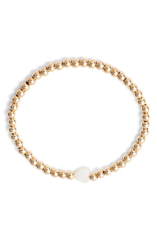 Nashelle Mother-of-pearl Heart Charm Beaded Stretch Bracelet In Gold Fill