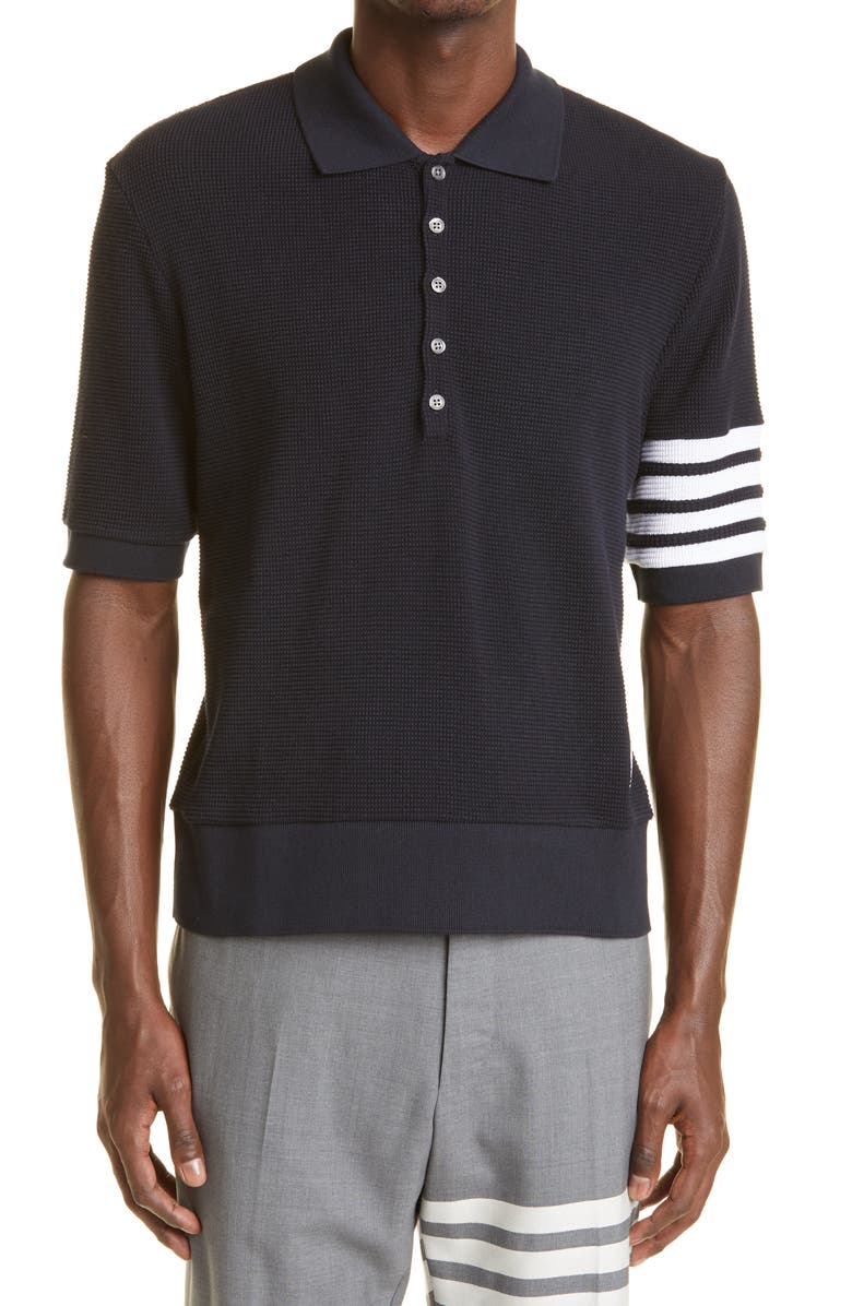 Thom Browne 4-Bar Waffle Knit Cotton Polo, Main, color,