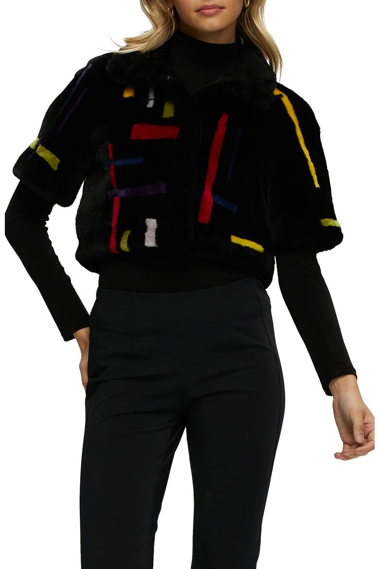 Reversible Genuine Shearling Intarsia Bolero with Cropped Sleeves, Alternate, color, BLACK/MULTI INTARSIA