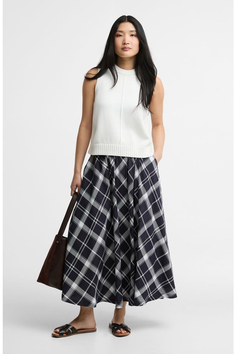 Baiton Tartan Print Midi Skirt, Alternate, color, DARK NAVY/ WHITE CHECK