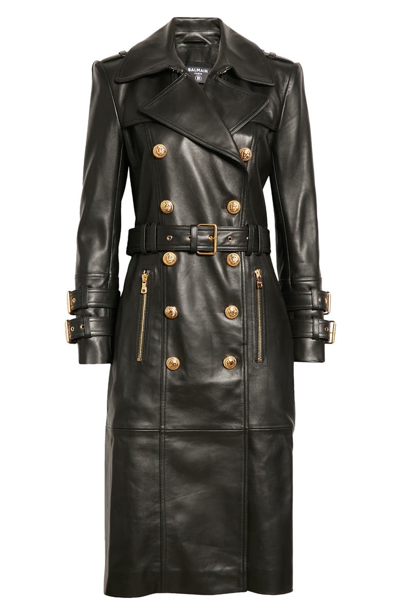 Balmain Double Breasted Leather Trench Coat, Alternate, color,