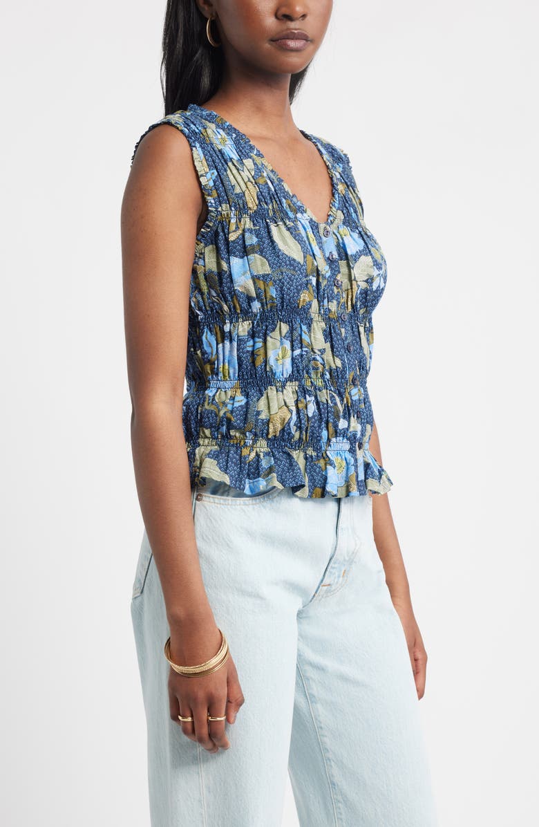 Treasure & Bond Shirred Button-Up Tank, Alternate, color, Navy- Olive Jacobean Bloom