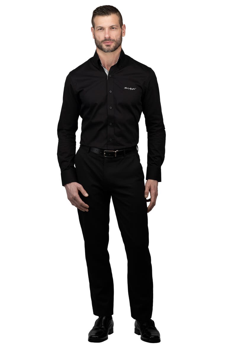 Trim Fit Log Embroidered Cotton Dress Shirt, Alternate, color, BLACK
