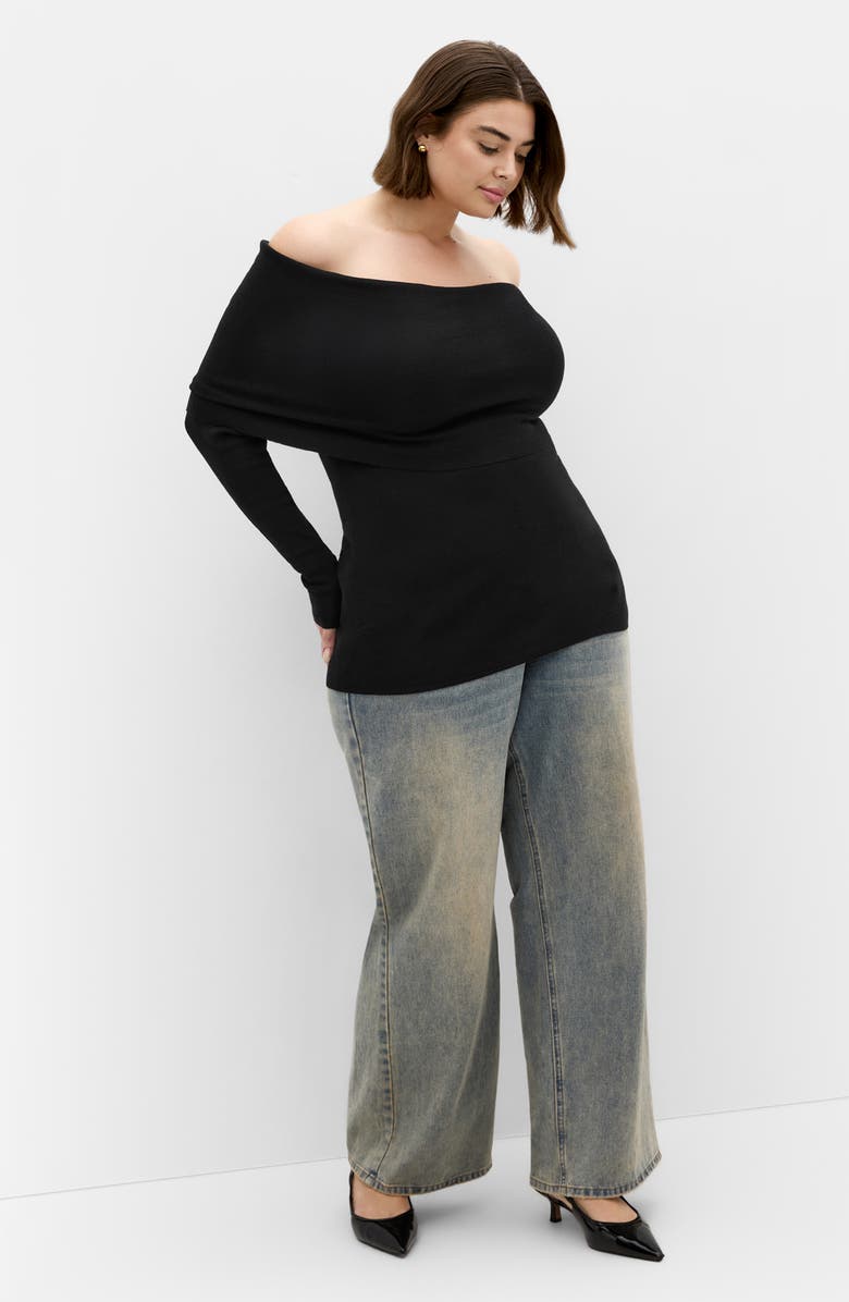 City Chic Florence Foldover Off the Shoulder Sweater, Alternate, color, Black