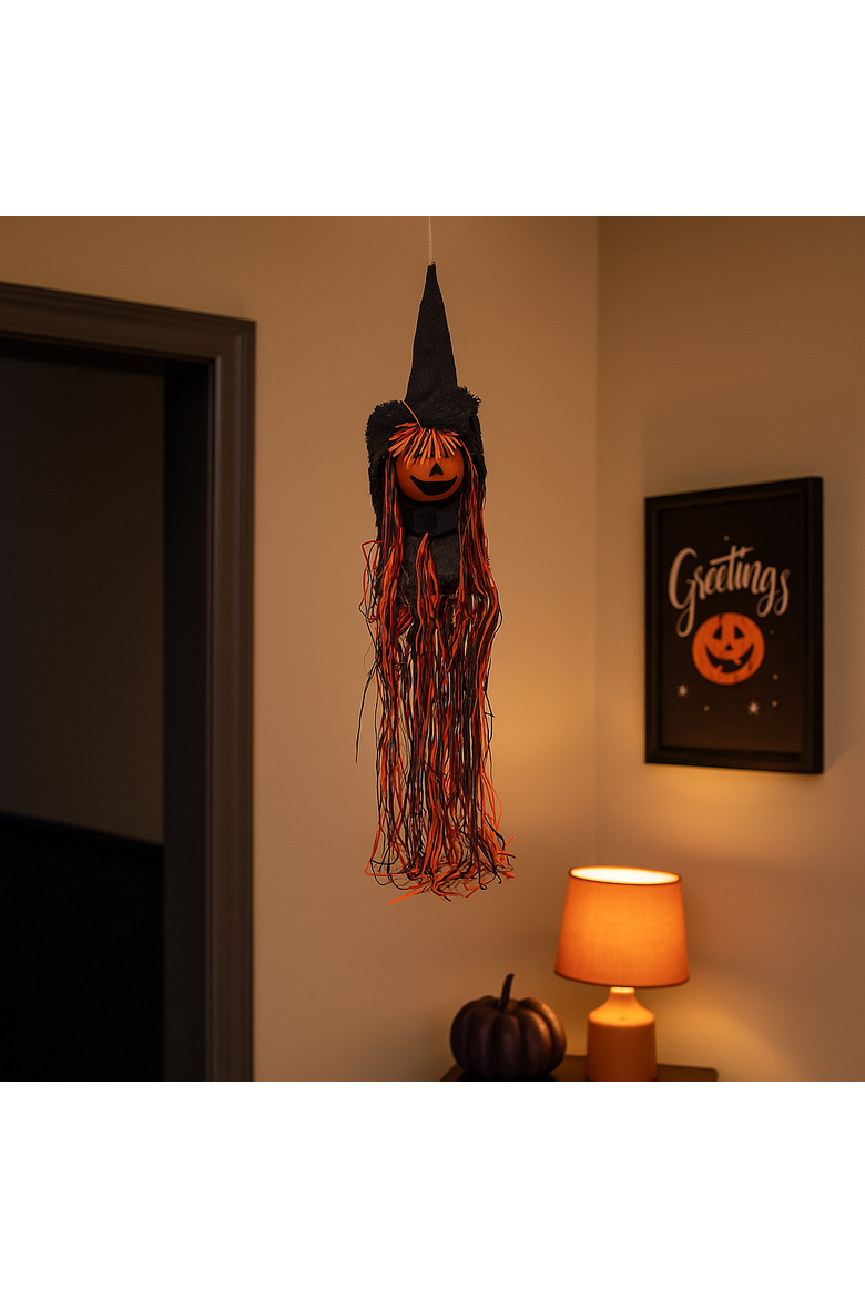 Hanging Halloween Witch Jack O' Lantern Head Indoor Figurine, Alternate, color, Orange