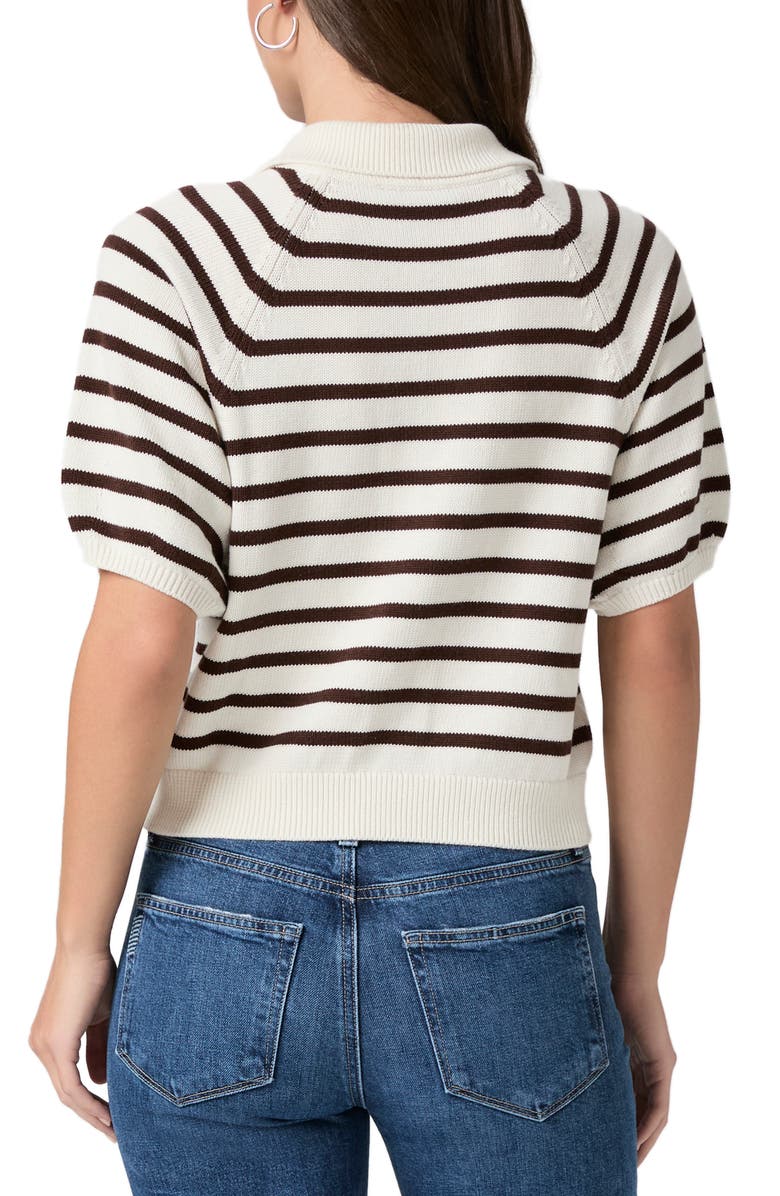 PAIGE Birch Stripe Short Puff Sleeve Polo Sweater, Alternate, color, Antique White/ Tamarind