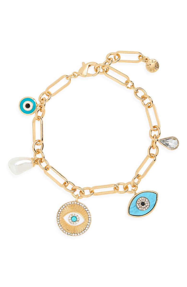 BaubleBar Protect Your Peace Evil Eye Charm Bracelet, Alternate, color, Turquoise