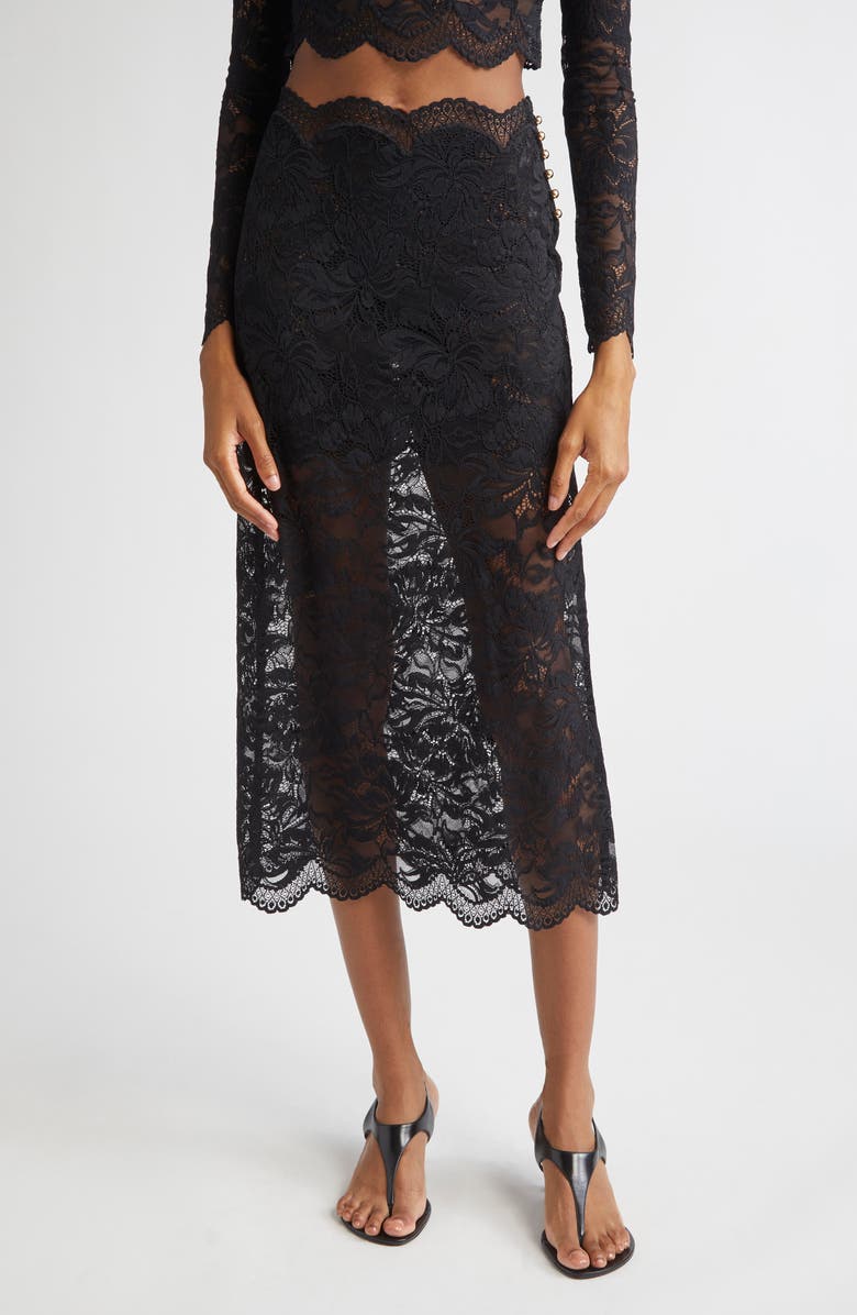 Rabanne Stretch Lace Midi Skirt, Main, color, Black