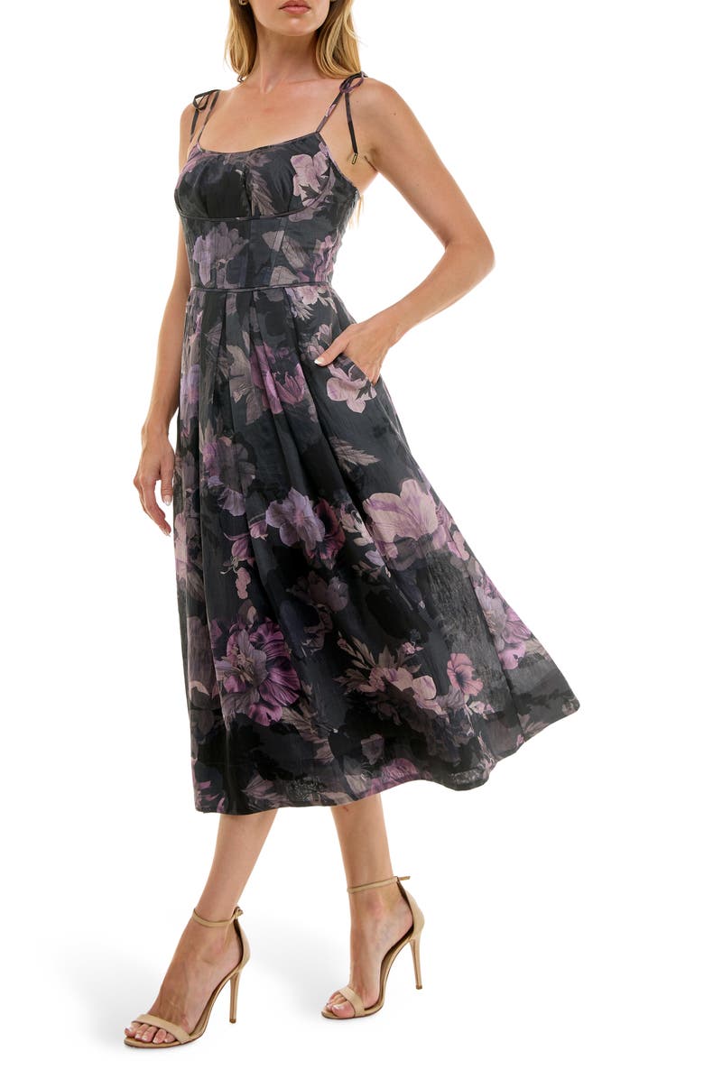 Socialite Corset Midi Sundress, Alternate, color, Black Washed Floral