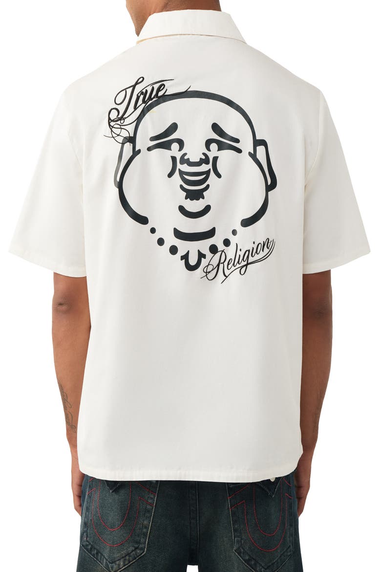 Buddha Graphic Short Sleeve Zip-Up Shirt, Alternate, color, WINTER WHITE