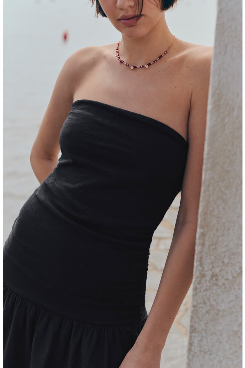 Ruched Strapless Cotton Dress, Alternate, color, BLACK