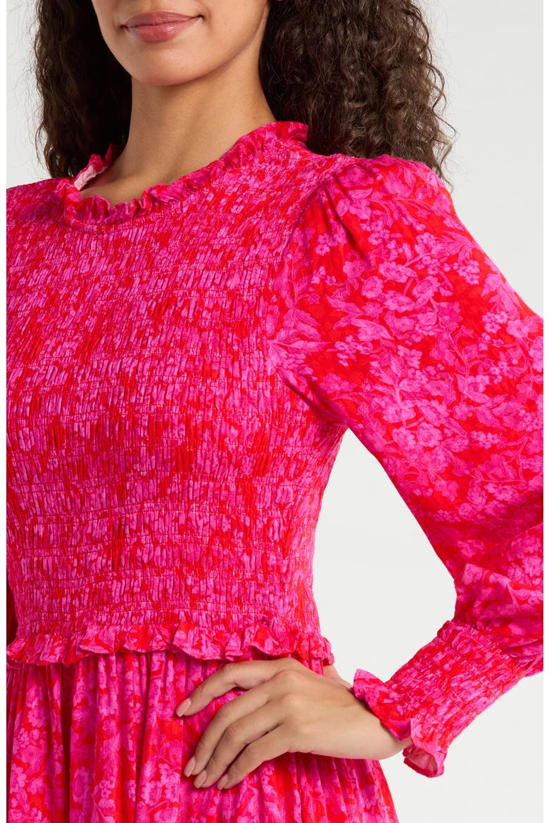 Seldy Smocked Bodice Long Sleeve Midi Dress, Alternate, color, RED-FUCHSIA