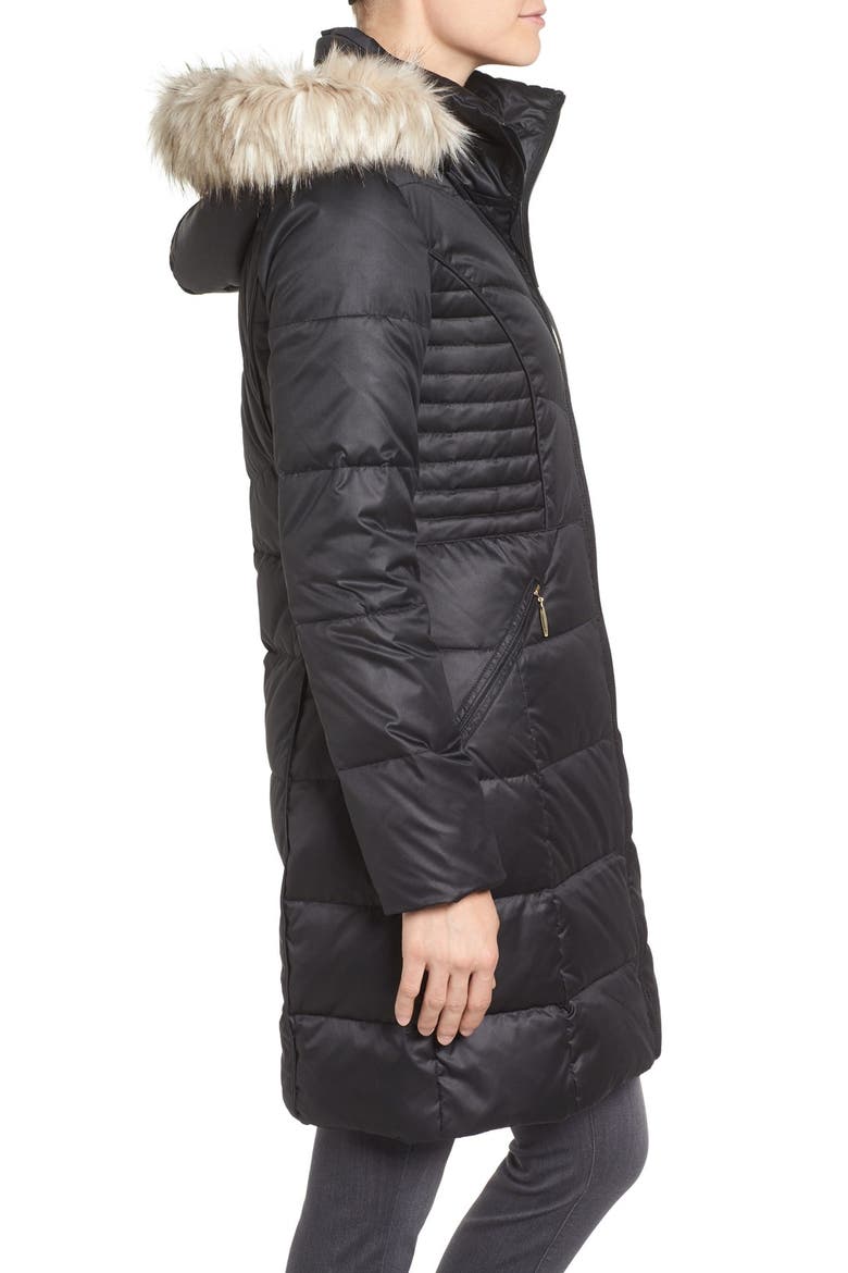 Faux Fur Trim Matte Satin Down Coat, Alternate, color, BLACK