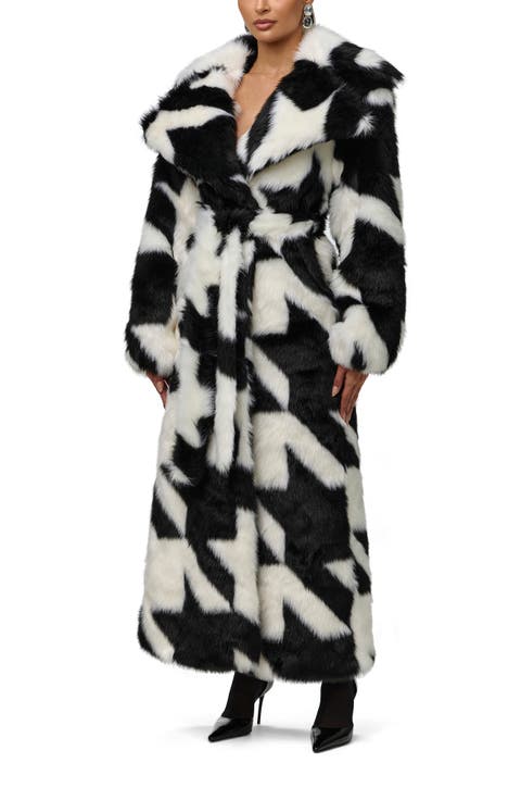 Houndstooth Jacquard Faux Fur Coat