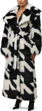 Naked Wardrobe Houndstooth Jacquard Faux Fur Coat