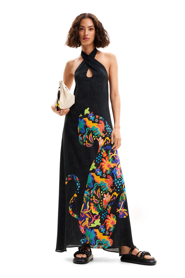 Jungle Design Halter Neck Maxi Dress, Alternate, color, BLACK