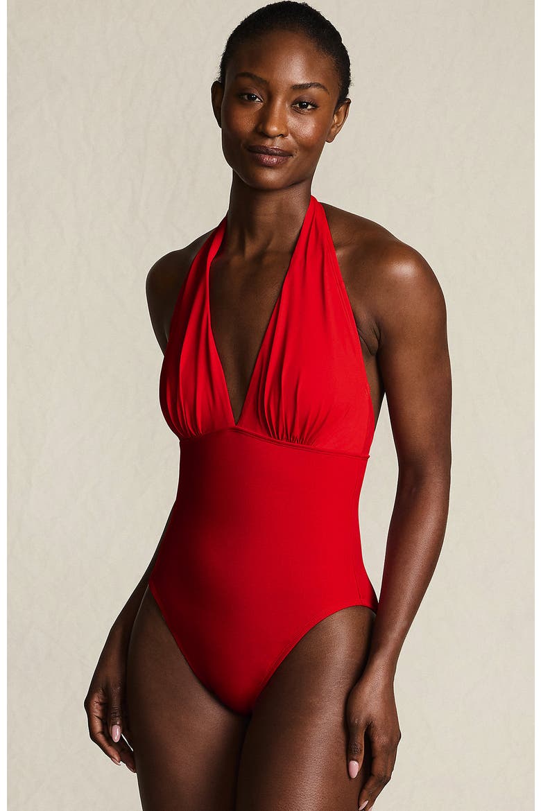 SlenderSuit Halter Ruched Plunge High Leg One Piece Swimsuit, Main, color, Daylily Red