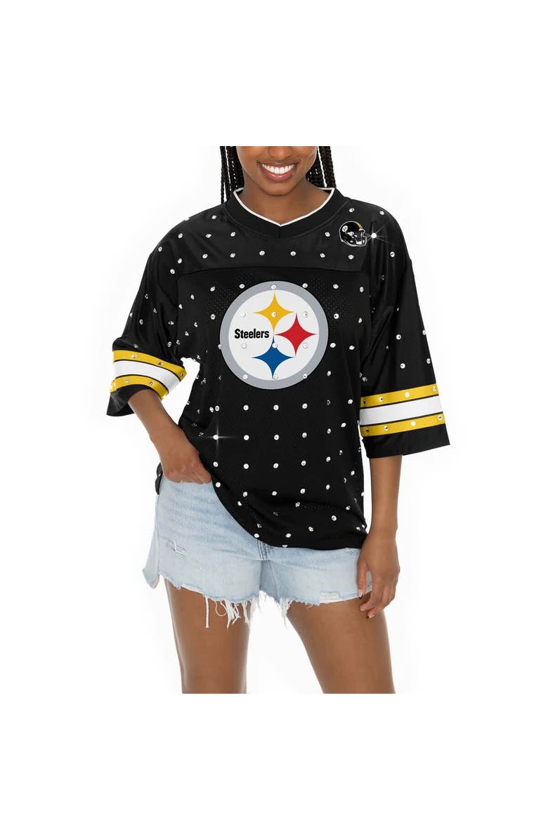 GAMEDAY COUTURE Women's Gameday Couture Black Pittsburgh Steelers Kickoff Time Allover Rhinestone Sports Stripe Jersey V-Neck T-Shirt, Alternate, color, 