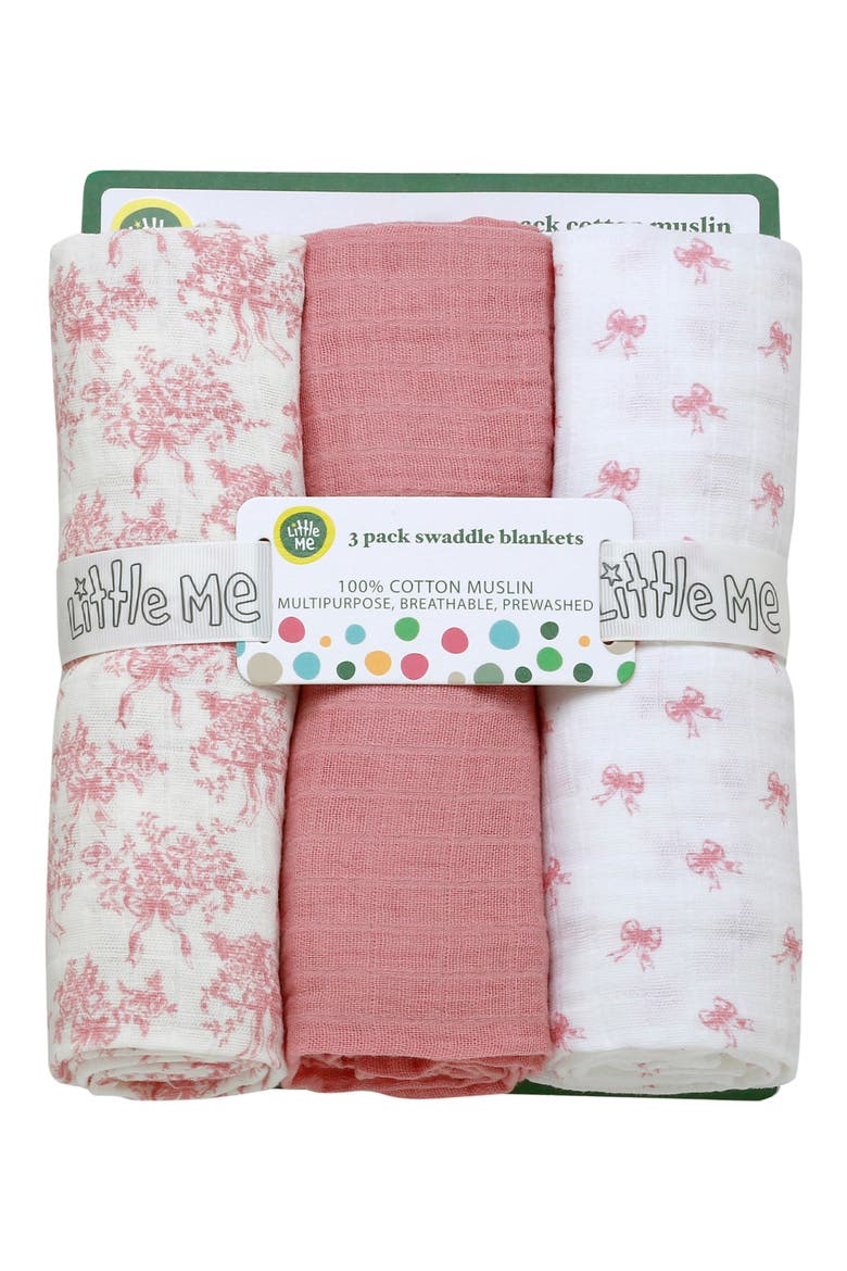 3-Pack Floral Bow Cotton Muslin Swaddle Blankets, Alternate, color, PINK