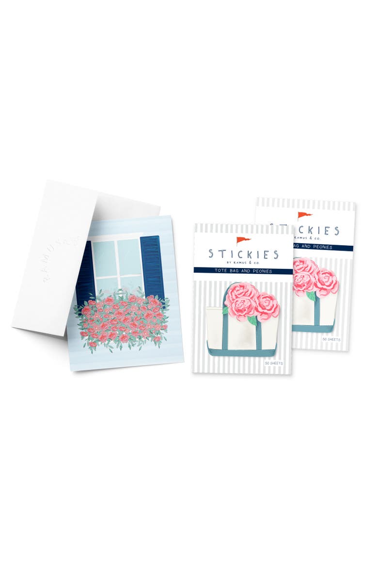 Tote Bag 3" x 3" 50-Sheet Sticky Notes (2-Pack) & Window Peonies Greeting Card Combo, Main, color, Multi-Pack